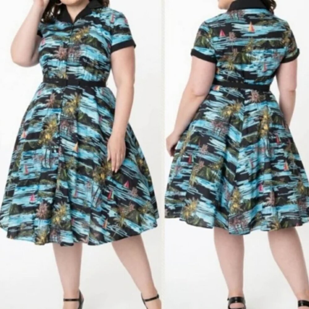 Unique Vintage Blue & Black Palm Print Print Alexis Swing Dress - 3X/20 - Picture 2 of 4